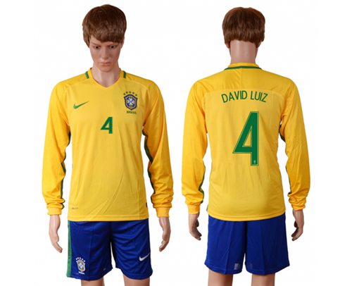 Brazil #4 David Luiz Home Long Sleeves Soccer Country Jersey - Click Image to Close